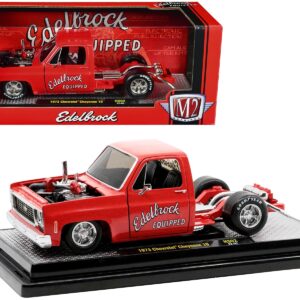 1973 Chevrolet Cheyenne Super 10 Square Body Bedless Truck Bright Red with Graphics “Edelbrock” Limited Edition to 3550 pieces Worldwide 1/24 Diecast Model Car by M2 Machines