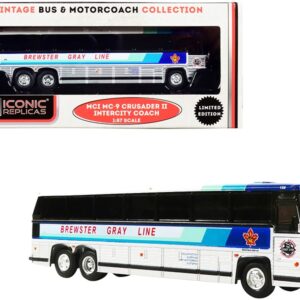 1980 MCI MC-9 Crusader II Intercity Coach Bus “Brewster Gray Line” (Canada) White and Silver with Stripes “Vintage Bus & Motorcoach Collection” 1/87 (HO) Diecast Model by Iconic Replicas