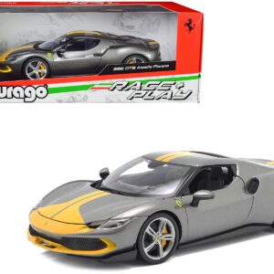 Ferrari 296 GTB Assetto Fiorano Gray Metallic with Yellow Stripes “Race + Play” Series 1/18 Diecast Model Car by Bburago