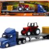 Freightliner Cascadia with Flatbed Trailer Blue with Farm Tractor Red and Hay Bales “Long Haul Trucker” Series 1/43 Diecast Model by New Ray