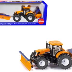 New Holland T7070 Tractor with Ploughing Plate and Salt Spreader Yellow 1/50 Diecast Model by Siku