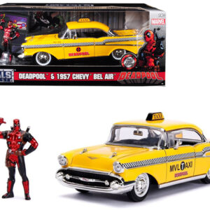 1957 Chevrolet Bel Air Taxi Yellow with Deadpool Diecast Figurine “Marvel” Series 1/24 Diecast Model Car by Jada