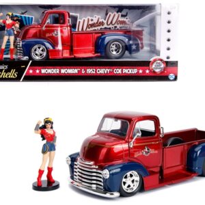 1952 Chevrolet COE Pickup Truck Candy Red and Blue with Wonder Woman Diecast Figure “DC Comics Bombshells” Series “Hollywood Rides” 1/24 Diecast Model Car by Jada