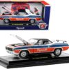 1971 Plymouth Barracuda 440 Pearl White with Blue and Red Stripes and Black Top Limited Edition to 6550 pieces Worldwide 1/24 Diecast Model Car by M2 Machines