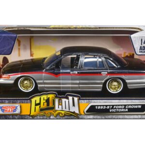 1993-1997 Ford Crown Victoria Lowrider Black Metallic and Silver with Red Stripes “Get Low” Series 1/24 Diecast Model Car by Motormax