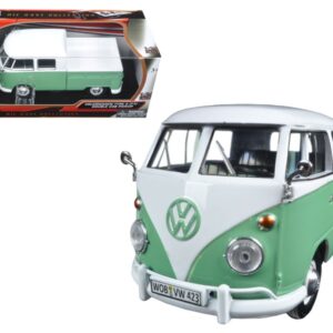 Volkswagen Type 2 (T1) Double Cab Pickup Truck White and Green 1/24 Diecast Model Car by Motormax