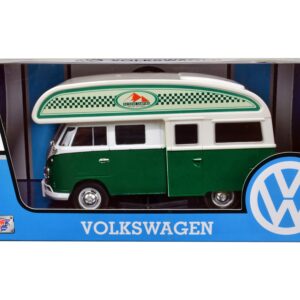 Volkswagen Type 2 (T1) Camper Van Green and White “Outdoor Camping Explore the Forest” 1/24 Diecast Model Car by Motormax