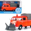 Volkswagen Type 2 (T1) Pickup Truck Orange with Snow Plow and Camper Shell 1/24 Diecast Model Car by Motormax