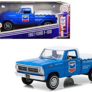 1967 Ford F-100 with Bed Cover “Chevron Full Service” Blue with White Top Running on Empty Series 1/24 Diecast Model Car by Greenlight