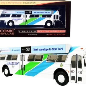 Flxible 53102 Transit Bus #32 “Miami” Metrobus (Florida) with Bus-O-Rama Boards “Eastern Airlines” White with Green and Blue Stripes “Vintage Bus & Motorcoach Collection” 1/87 (HO) Diecast Model by Iconic Replicas