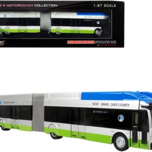 New Flyer Xcelsior XN-60 Aerodynamic Articulated Bus #11 “Miami-Dade County” Silver and Blue with Green Stripe “The Bus & Motorcoach Collection” 1/87 (HO) Diecast Model by Iconic Replicas