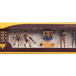 “UPS Driver and Workers” 7 Piece Figure Set for 1/64 Scale Models by Mini GT