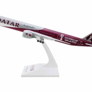 Boeing 777-300 Commercial Aircraft with Landing Gear “Qatar Airways – FIFA World Cup Qatar 2022” Gray and Dark Red (Snap-Fit) 1/200 Plastic Model by Skymarks