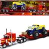 Peterbilt 379 Truck with Lowboy Trailer Red with Orange Flames and Monster Truck Yellow with Blue Flames “Long Haul Truckers” Series 1/32 Diecast Model by New Ray