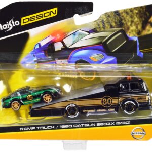 Ramp Truck #80 Dark Gray Metallic with Gold Metallic Stripes “JDM Garage” and 1980 Datsun 280ZX (S130) #80 Green Metallic with Stripes “Elite Transport” Series 1/64 Diecast Models by Maisto