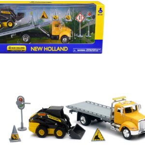 Peterbilt Roll-Off Flatbed Truck Yellow and New Holland L228 Skid Steer Yellow with Road Signs “New Holland Construction” Series 1/43 Diecast Model by New Ray