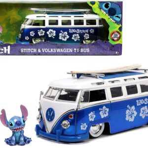 Volkswagen T1 Bus Candy Blue and White with Stitch Diecast Figurine and Surfboard “Lilo & Stitch” Disney “Hollywood Rides” Series 1/24 Diecast Model Car by Jada