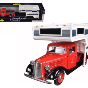 1937 Ford Pickup Truck with Camper Shell Red and White 1/24 Diecast Model Car by Motormax