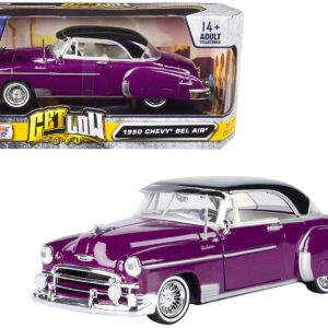 1950 Chevrolet Bel Air Lowrider Purple Metallic with Black Top and White Interior “Get Low” Series 1/24 Diecast Model Car by Motormax