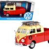 Volkswagen Type 2 (T1) #8 Pickup Truck with Roof Rack and Luggage Red and Yellow 1/24 Diecast Model Car by Motormax