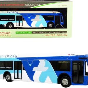 Proterra ZX5 Battery-Electric Transit Bus #140 Express “Mission College” Santa Clara Valley (California) White and Blue “The Bus & Motorcoach Collection” 1/87 (HO) Diecast Model by Iconic Replicas