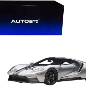 2017 Ford GT Ingot Silver Metallic with Black Stripes 1/12 Model Car by Autoart