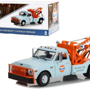 1969 Chevrolet C-30 Dually Wrecker Tow Truck “Gulf Oil Welding Tire Collision” Light Blue with Orange 1/18 Diecast Car Model by Greenlight