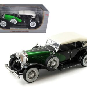 1934 Duesenberg Model J Black and Green with Cream Top 1/18 Diecast Model Car by Signature Models