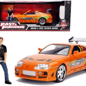 1995 Toyota Supra Orange Metallic with Lights and Brian Figurine “Fast & Furious” Movie 1/18 Diecast Model Car by Jada