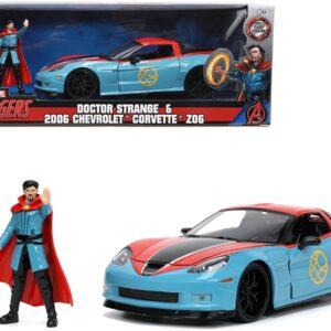 2006 Chevrolet Corvette Z06 Red and Blue with Doctor Strange Diecast Figurine “Avengers” “Marvel” Series “Hollywood Rides” 1/24 Diecast Model Car by Jada