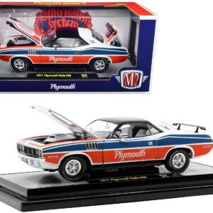 1971 Plymouth Barracuda 440 Pearl White with Blue and Red Stripes and Black Top Limited Edition to 6550 pieces Worldwide 1/24 Diecast Model Car by M2 Machines