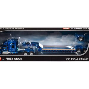 Kenworth W990 with 76″ Mid-Roof Sleeper and Fontaine Magnitude Lowboy Tri-Axle Trailer with Flip Axle Blue “Western Distributing” 1/64 Diecast Model by DCP/First Gear