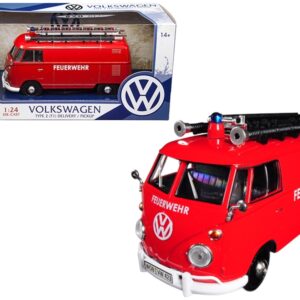 Volkswagen Type 2 (T1) Fire Van “Feuerwehr” Red 1/24 Diecast Model Car by Motormax