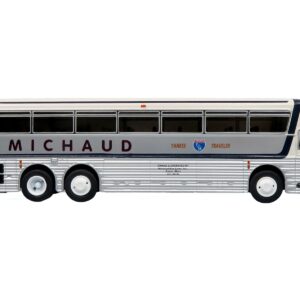 1969 Eagle Model 05 Coach Bus “Michaud Bus Lines Yankee Traveler” White and Silver with Black Stripes Limited Edition to 504 pieces Worldwide 1/87 (HO) Diecast Model by Iconic Replicas