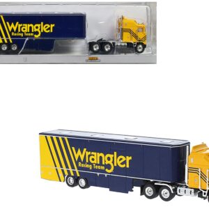 1980 Kenworth K-100 COE Aerodyne Transporter Yellow and Blue “Wrangler Racing Team” 1/87 (HO) Scale Model Car by Brekina