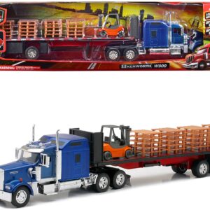 Kenworth W900 Truck with Flatbed Trailer Blue with Forklift and Pallets “Long Haul Truckers” Series 1/32 Diecast Model by New Ray