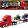 Peterbilt 387 Flatbed Truck Red with 2 Farm Tractors Blue and Green “Long Haul Trucker” Series 1/32 Diecast Model by New Ray