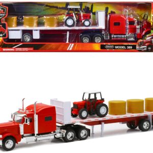 Peterbilt 389 Flatbed Truck Red with Farm Tractor Red and Hay Bales “Long Haul Trucker” Series 1/32 Diecast Model by New Ray