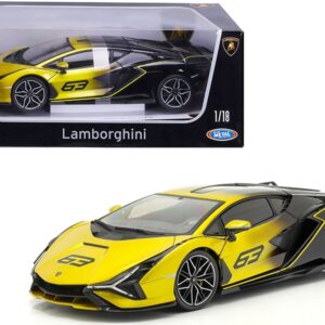 Lamborghini Sian FKP 37 #63 Yellow Metallic and Black 1/18 Diecast Model Car by Bburago