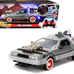 DeLorean Brushed Metal Time Machine with Lights “Back to the Future Part III” (1990) Movie “Hollywood Rides” Series 1/24 Diecast Model Car by Jada