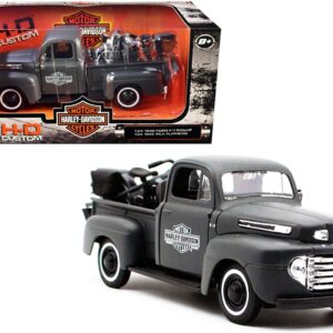 1948 Ford F-1 Pickup Truck and 1942 Harley-Davidson WLA Flathead Motorcycle Matt Dark Gray “Harley-Davidson Custom” 1/24 Diecast Models by Maisto