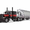 Peterbilt 389 with 63″ Flat Top Sleeper and J&L Pneumatic Tank Trailer Black with Red Stripes 1/64 Diecast Model by DCP/First Gear