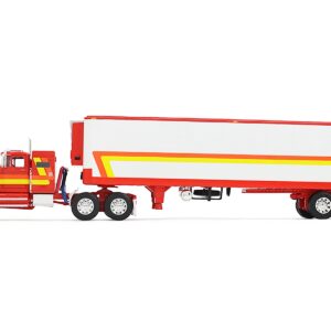 White Western Star 4900 with 36″ Vintage Flat Top Sleeper and Wilson 40′ Vintage Refridgerated Trailer Red and White with Stripes 1/64 Diecast Model by DCP/First Gear