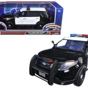 2015 Ford Police Interceptor Utility Black and White with Flashing Light Bar and Front and Rear Lights and 2 Sounds 1/18 Diecast Model Car by Motormax