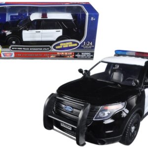 2015 Ford Police Interceptor Utility Black and White with Flashing Light Bar and Front and Rear Lights and 2 Sounds 1/24 Diecast Model Car by Motormax