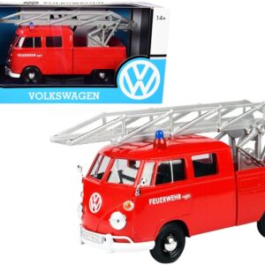 Volkswagen Type 2 (T1) Fire Truck with Aerial Ladder “Feuerwehr” Red 1/24 Diecast Model Car by Motormax