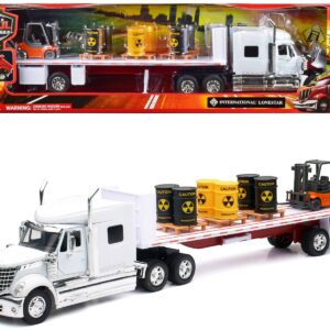 International Lonestar Flatbed Truck White with 6 Toxic Barrels 3 Pallets and Forklift “Long Haul Trucker” Series 1/32 Diecast Model by New Ray