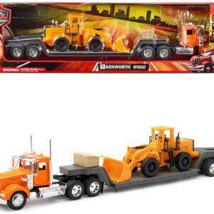 Kenworth W900 Truck with Lowboy Trailer Orange and Wheel Loader Yellow “Long Haul Trucker” Series 1/32 Diecast Model by New Ray