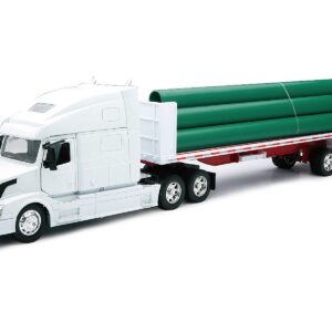 Volvo VN-780 Truck with Flatbed Trailer and Long Pipes White “Long Haul Truckers” Series 1/32 Diecast Model by New Ray