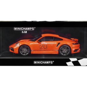 2021 Porsche 911 Turbo S with SportDesign Package #20 Orange with Silver Stripes Limited Edition to 504 pieces Worldwide 1/18 Diecast Model Car by Minichamps